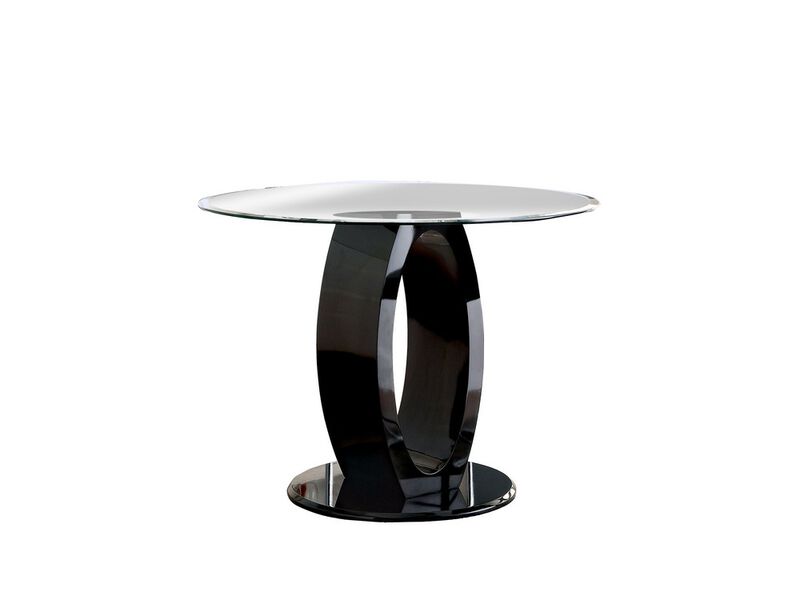 Wood and Glass Counter Height Table with O Shaped Base, Black - Benzara image number 1