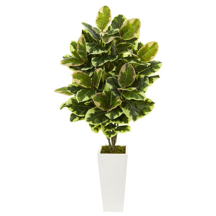 HomPlanti Variegated Rubber Leaf Artificial Plant in White Tower Vase