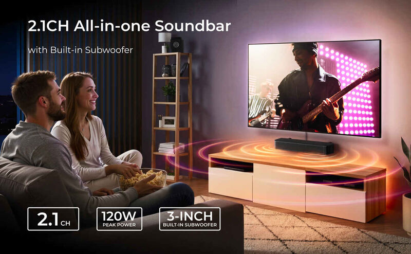 ULTIMEA 2.1ch Compact Soundbar for TV, 3" Built-in Subwoofer, App Control, 120W Peak Power, Bluetooth 5.4, OPT/AUX, PC&TV Sound Bar image number 6