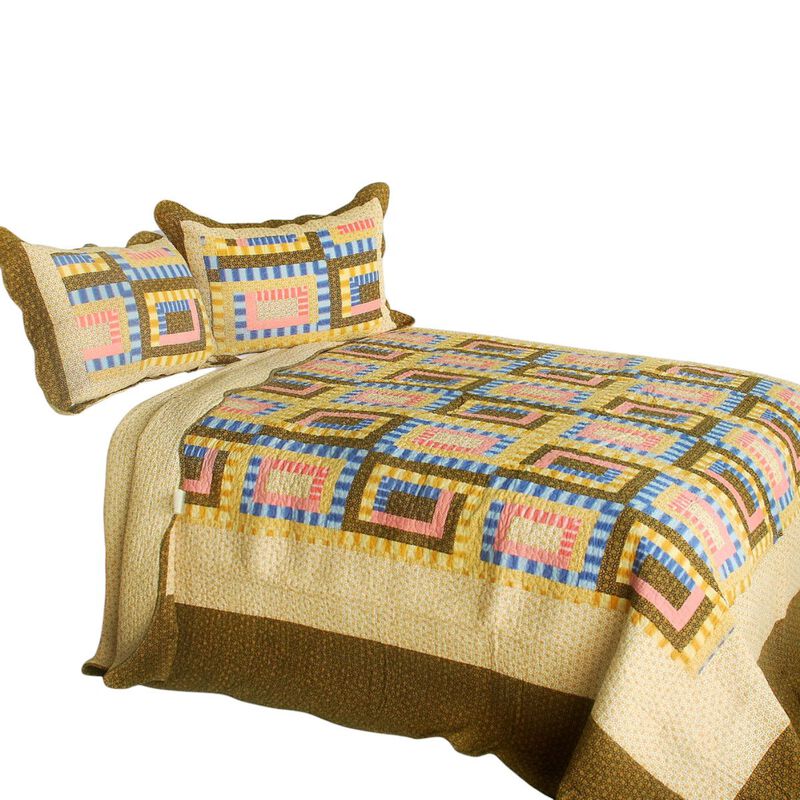 3 Piece Queen Size Cotton Printed Quilt Set with Vermicelli Quilted Dream High Design-Yellow image number 1
