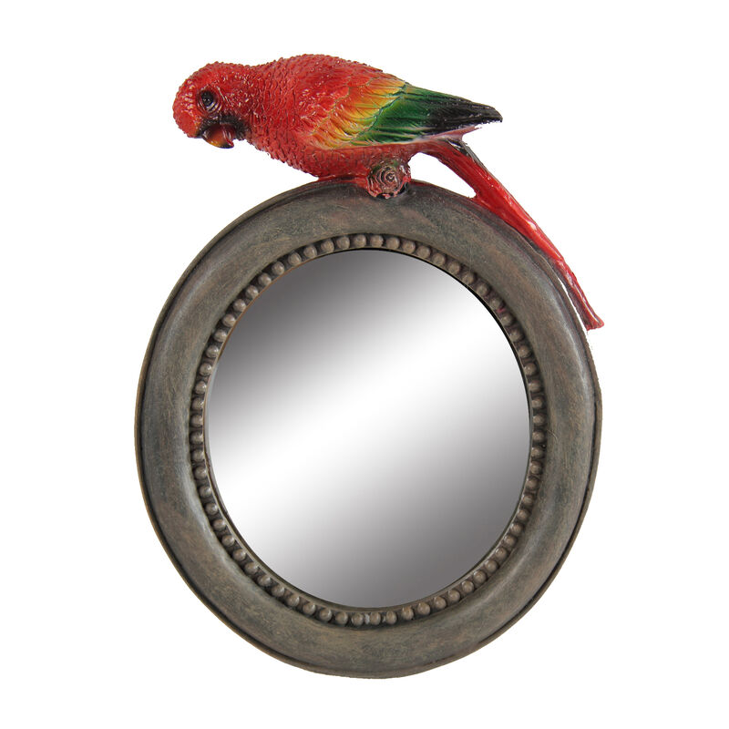 Round Wooden Framed Mirror with Parrot Sculpture Top, Multicolor image number 0