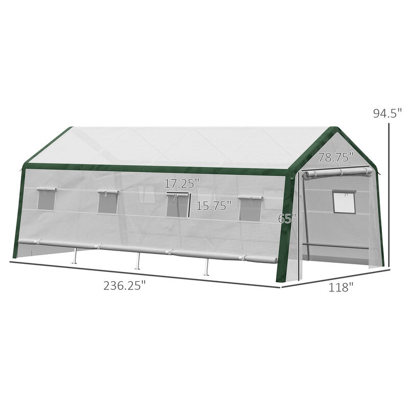Outsunny 19.7' x 10' x 8' Outdoor Walk-in Greenhouse, Hot House with Mesh Windows, Bottom Vent, Zippered Door, PE Cover, Heavy Duty Steel Frame, White