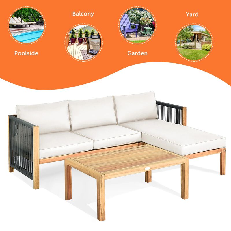 Mondawe 3 Pieces Patio Acacia Wood Sofa Furniture Set with Nylon Rope Armrest