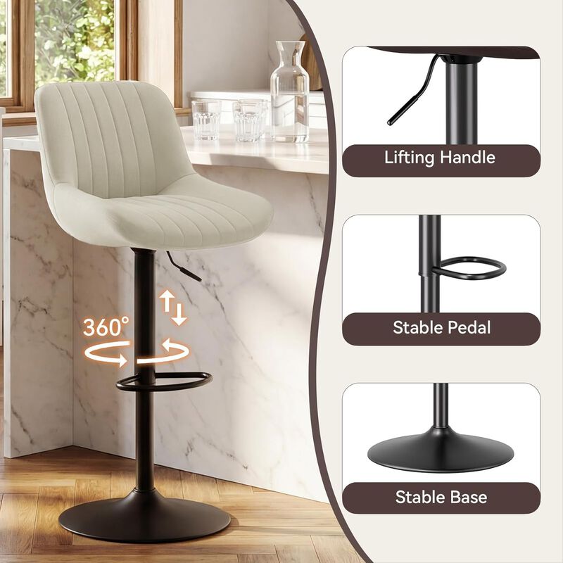 Swivel Bar Stools Set of 2, Upholstered Counter Height Bar Stools with Back and Footrest, 360 Degree Swivel Kitchen Island Chairs, Modern Barstools for Kitchen Counter, Home Bar, Dining image number 2