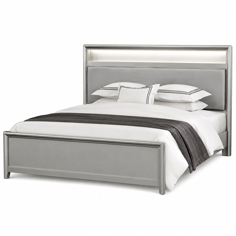 Broy 5pc Queen Bedroom Set, LED Bookcase Headboard, 2 Nightstands, Silver image number 2