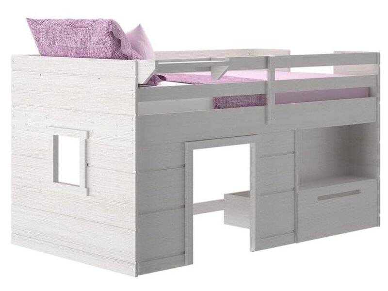 Twin Low Loft Bed &ndash; White Wash Solid Wood Kids Frame with Storage & Ladder image number 0