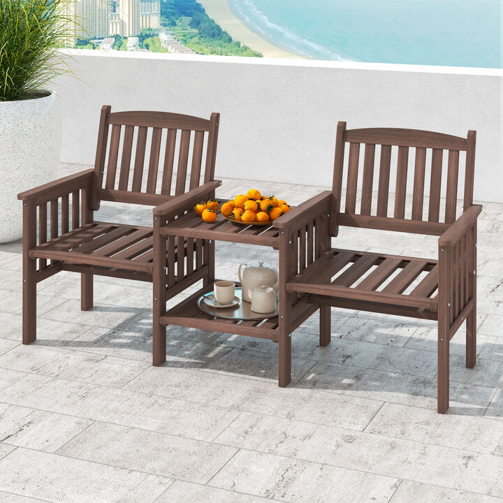 Outdoor Fir Wood Loveseat with 2-Tier Side Table and Umbrella Hole