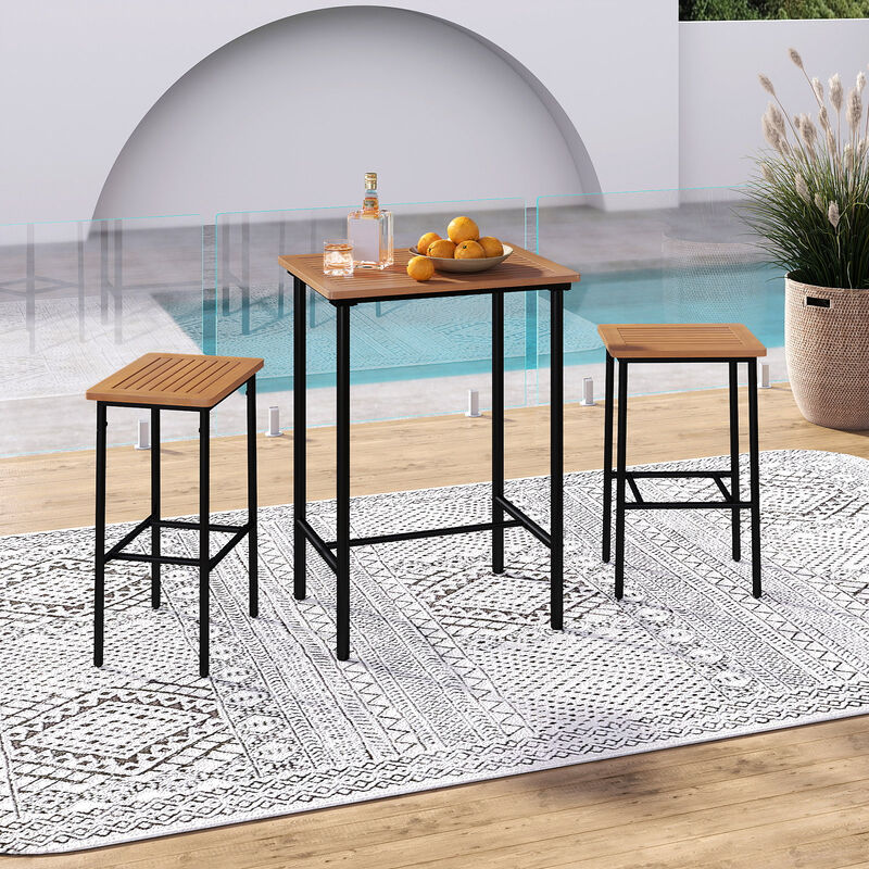 Acacia Wood Outdoor Bar Set 3 Piece with Rectangular Table and Metal Legs-Natural image number 4