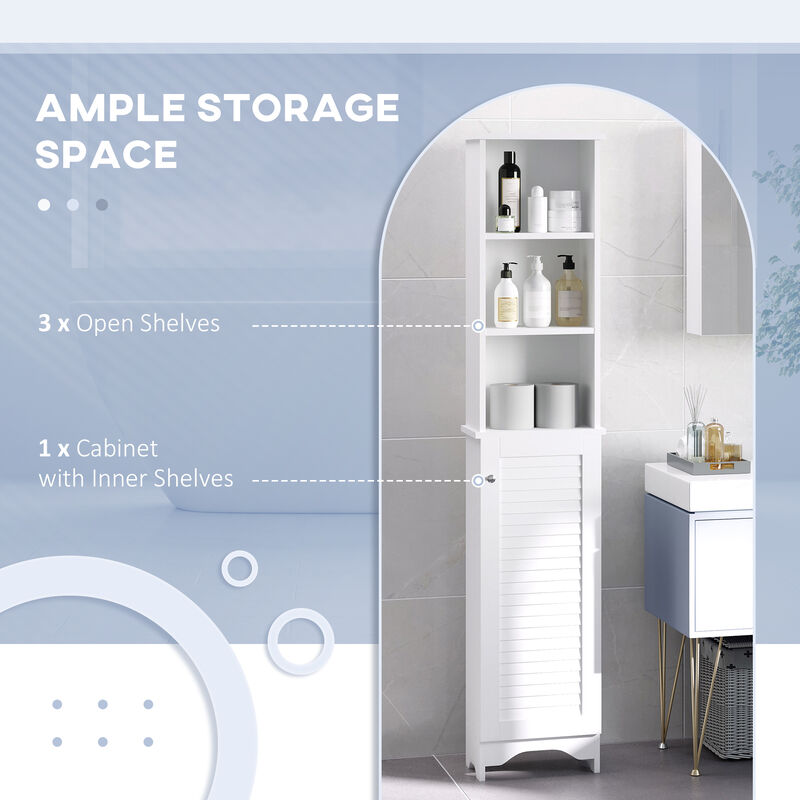 Wooden Collection Tall Bathroom Linen Tower with Adjustable Shelving & Cupboard