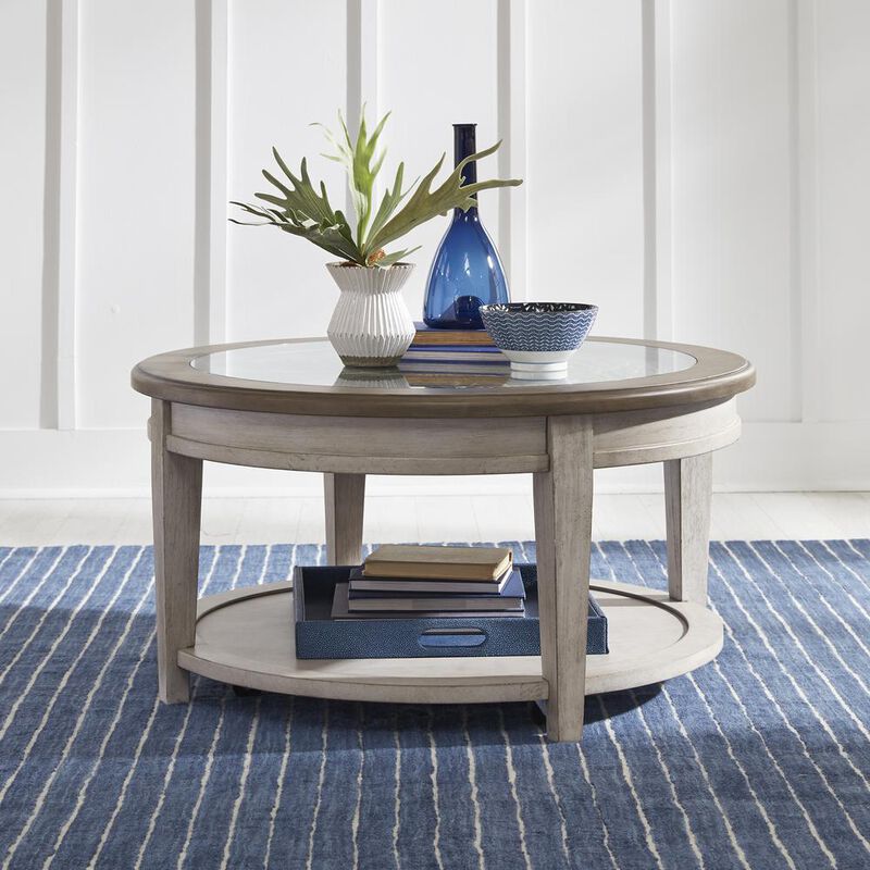 Liberty Furniture Heartland Round Ceiling Tile Cocktail Table in Antique White w/ Tobacco Top image number 2