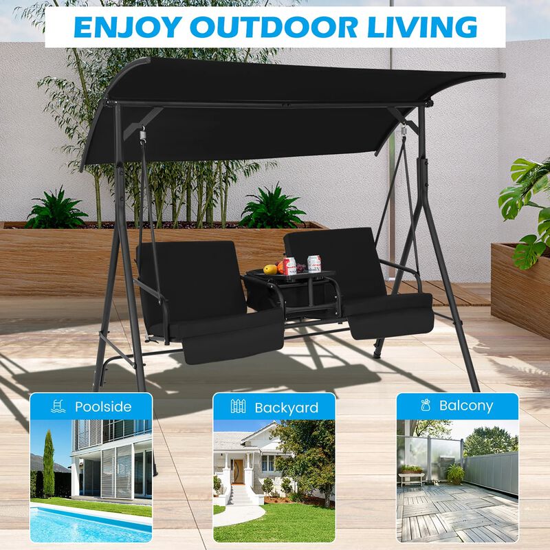 Mondawe 2-Person Canopy Metal Porch Swing Padded Chair with Cooler Bag Rotatable Tray