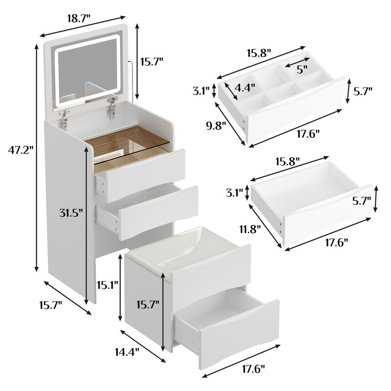 18.7'' Wide Makeup Vanity Table with Flip Top Lighted, Storage Makeup Stool