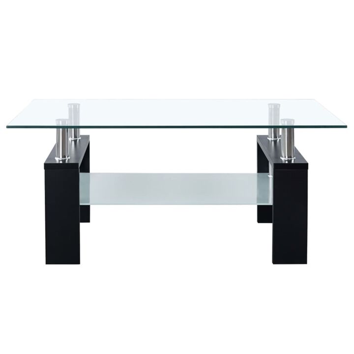vidaXL Tempered Glass Coffee Table with Melamine Legs, Modern 2-Tier Design, Easy to Clean, Black and Transparent, 37.4"x21.7"x15.7"