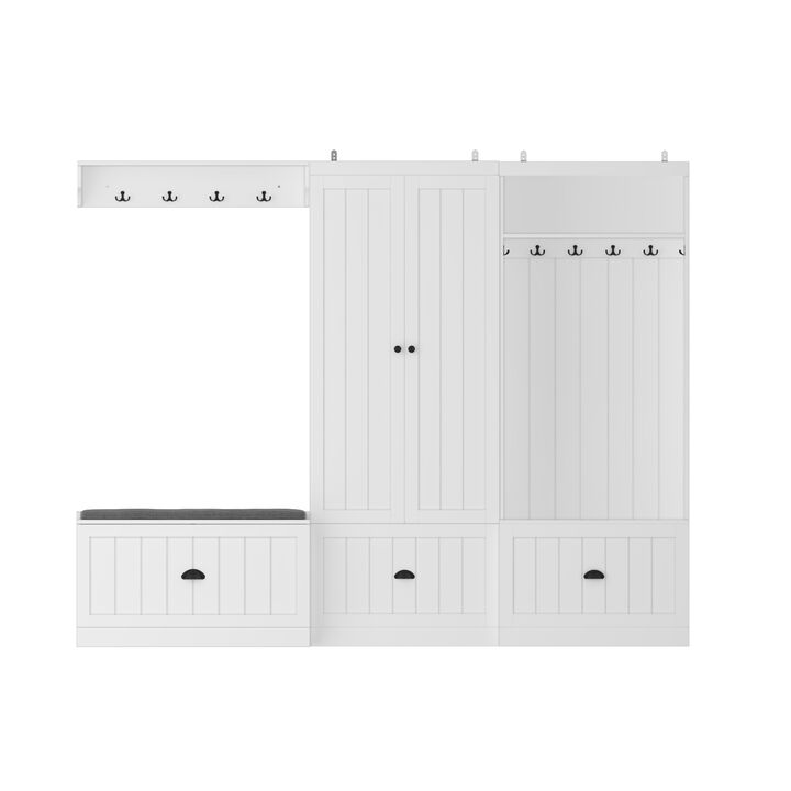 FUFU&GAGA White Storage Combo, Shoe Bench with Soft Seat, Hidden Wardrobe & Open Coat Rack - Textured Finish, Black Handles (86.8 in. W x 17.7 in. D x 70.9 in. H)