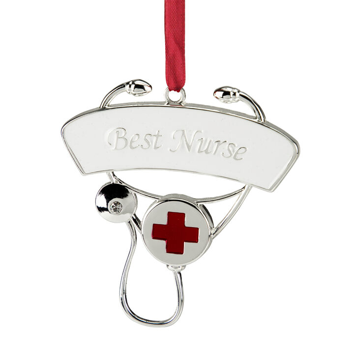 3.25" Silver-Plated Best Nurse Stethoscope Christmas Ornament