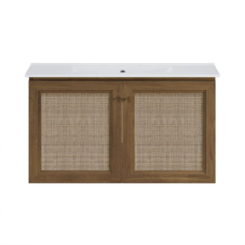 36" Wall-Mounted Bathroom Vanity, Brown Oak, Widespread Faucet Holes Vanity Top image number 0