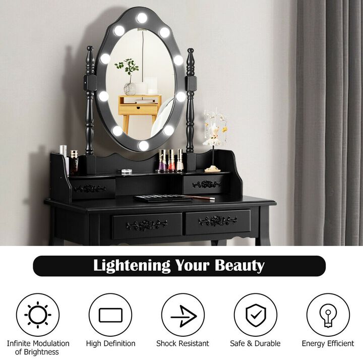 Makeup Vanity Dressing Table Set with Dimmable Bulbs Cushioned Stool-Black