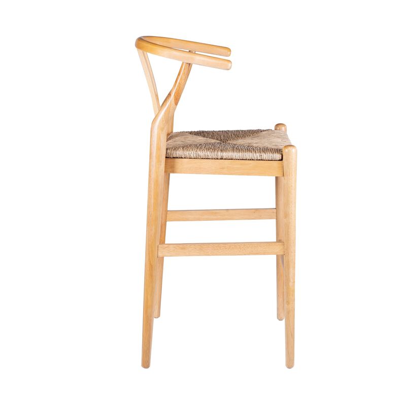 Cera Wishbone Barstool Chair, Handwoven Rope Seat, Natural Brown Wood