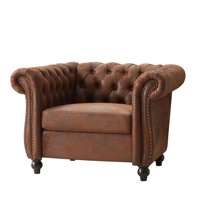 Whisen Classic Club Chair with Diamond Tufting, Scrolled Arms, and Wooden Legs image number 3