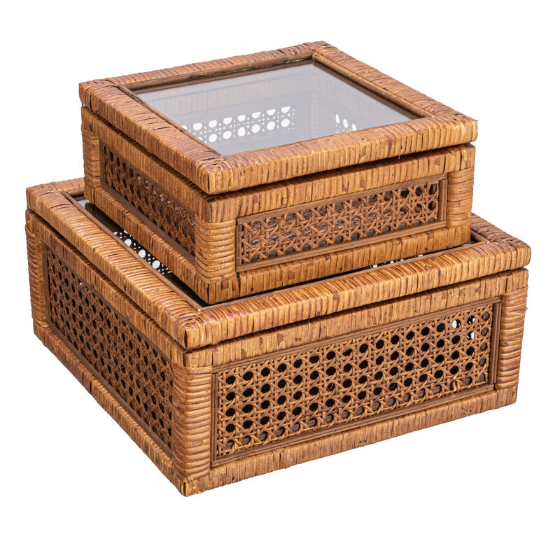 Modern Decorative Square Woven Rattan and Wood Display Boxes with Glass Top, Set of 2 Sizes, Dark Brown Finish image number 0