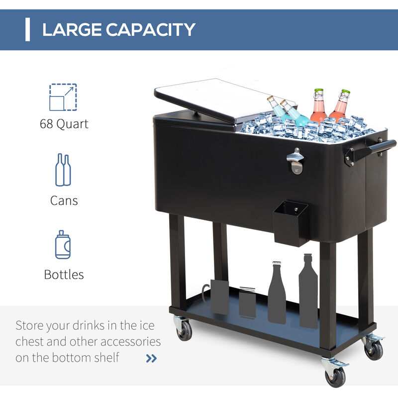 Outsunny 80 QT Rolling Cooling Bins Ice Chest on Wheels Outdoor Stand Up Drink Cooler Cart for Party, Black