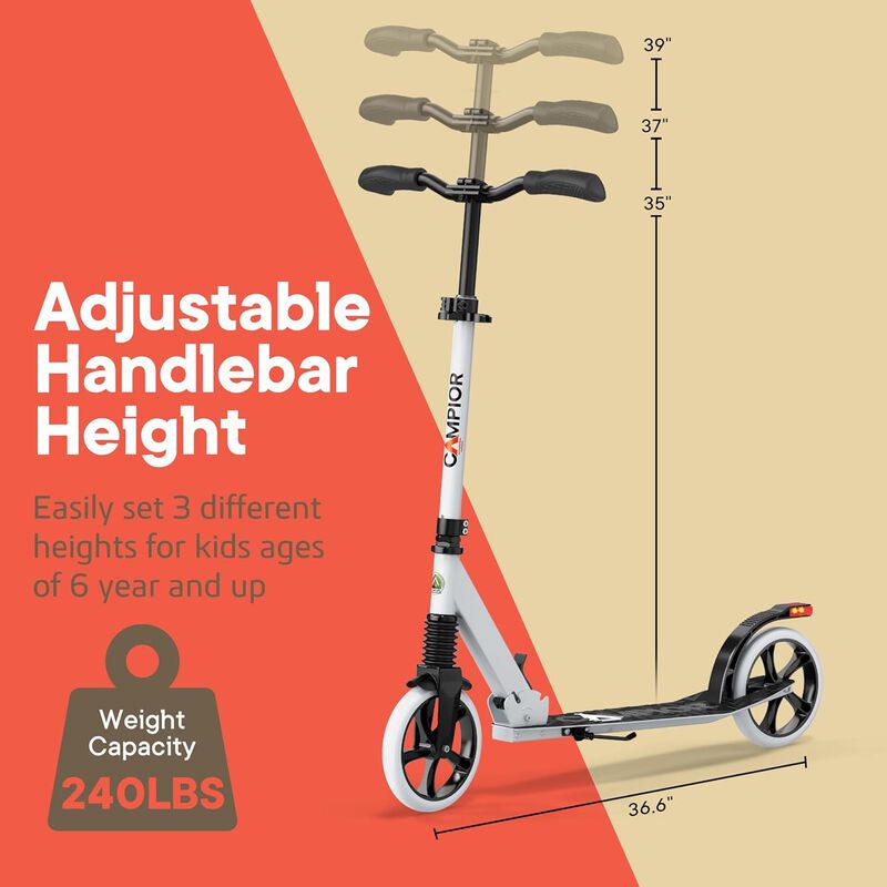 Kick Scooter for Ages 6+, for Kids, Teens, and Adults, Max Load 240 LBS, Foldable, 8-inch Big Wheels for Kids and Adults, with Kickstand, 3 Adjustable Levels, Child Safety Approved