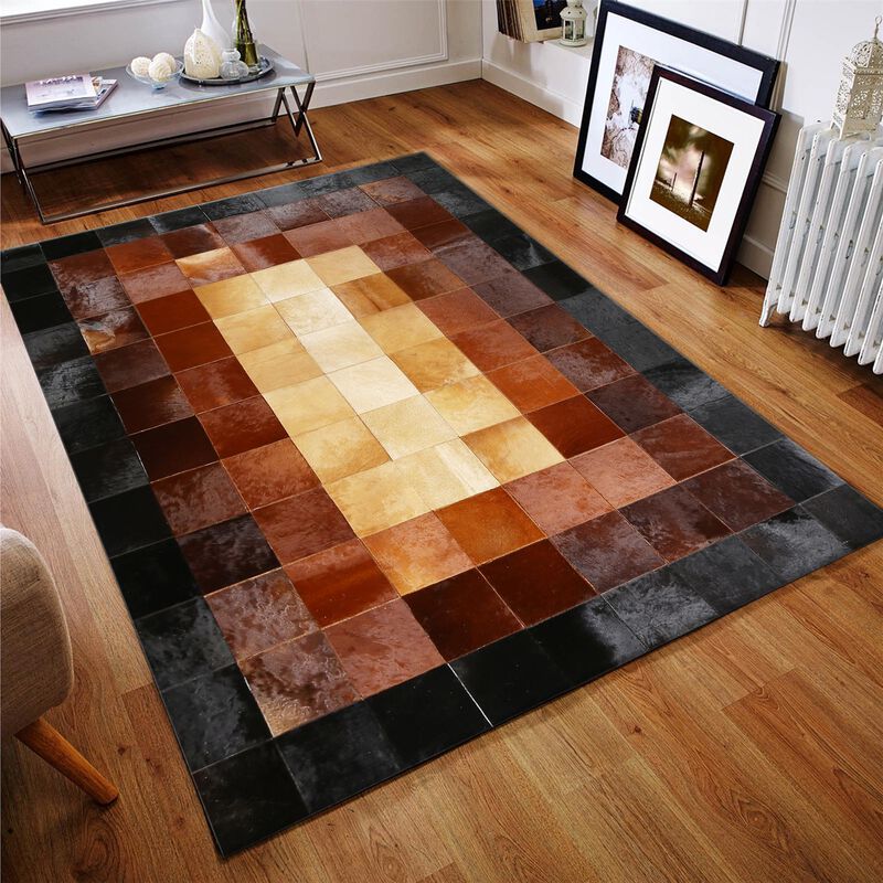 Checkered Pattern Black and Brown Cowhide Patchwork Rug image number 1
