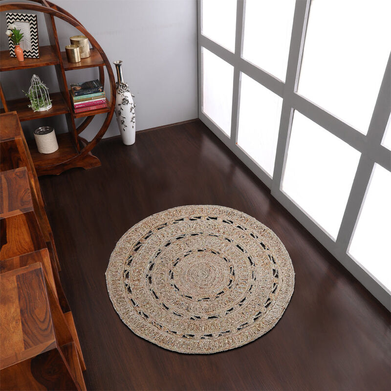 HAND WOVEN JUTE ECO-FRIENDLY Oriental AREA RUGS - 4'x4', Round Shape, Beige Color, Oriental Pattern, High Pile, Natural Fiber, Outdoor Indoor Handmade Area Rugs for Living Room, Bed Room (J00073)