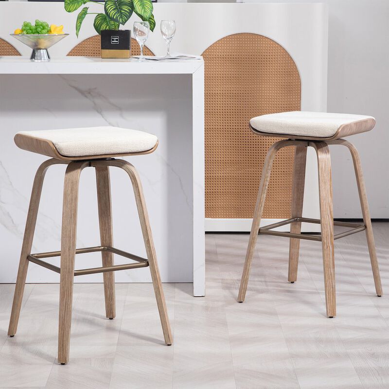 Glamour Home Set of 2 Beatrix Beige Woven Fabric Bar Stool with Natural Wood Legs