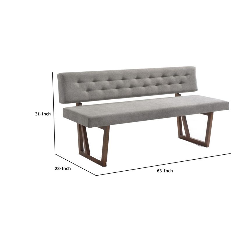 Fabric Upholstered Dining Bench with Rubber Wood Feet, Gray and Walnut Brown-Benzara