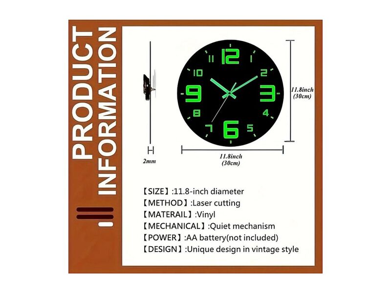 Glow In The Dark Vinyl Night Light Wall Clock 30 Cm Silent Non Ticking image number 2