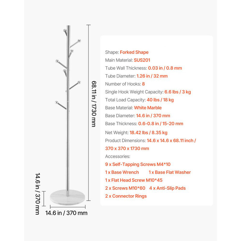 Modern Coat Rack with Marble Base and 8 Hooks, Freestanding Hall Tree image number 2