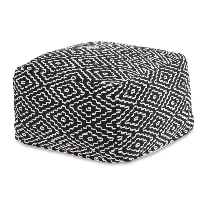 Sena 22 Inch Ottoman Pouf, Handwoven Pattern, Cotton Cover, Black White - Benzara