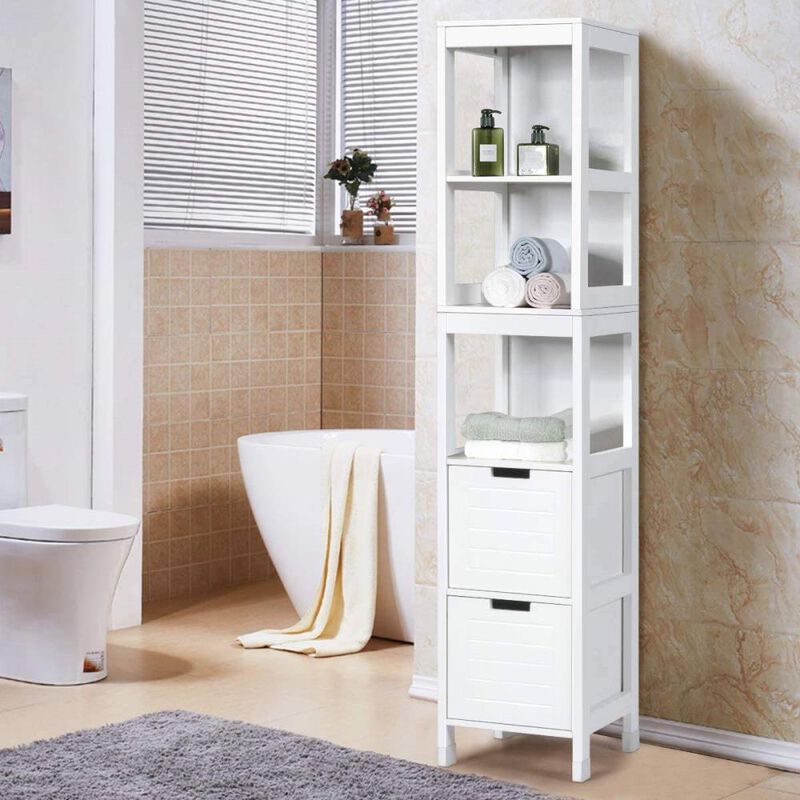 Hivvago Bathroom Cabinet Tower with 2 Storage Drawers and 3 Shelves in White Wood Finish