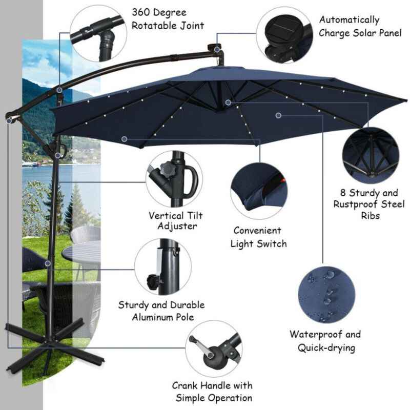 Hivvago 10 Feet 360&deg; Rotation Solar Powered LED Patio Offset Umbrella without Weight Base