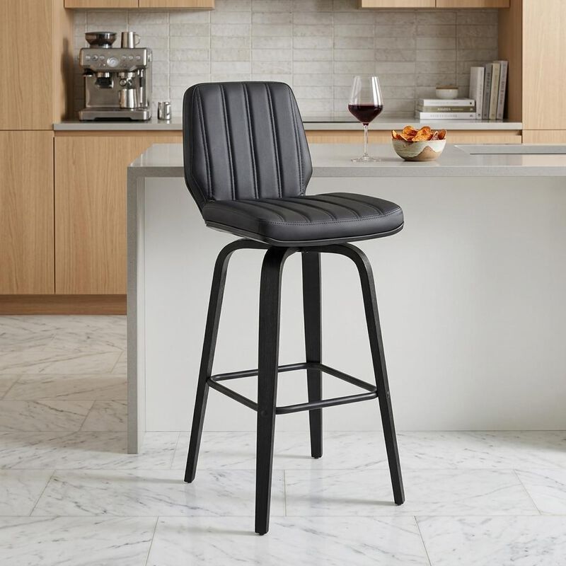 HomeRoots 27" Gray and Black Faux Leather and Iron Counter Height Swivel Bar Chair image number 1