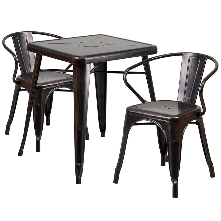 Flash Furniture Commercial Grade 23.75" Square Black-Antique Gold Metal Indoor-Outdoor Table Set with 2 Arm Chairs