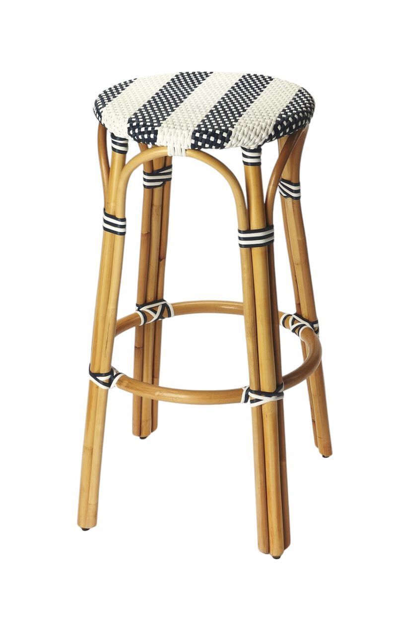 HomeRoots 30" Blue White And Natural Heavy Duty Plastic And Rattan Backless Bar Height Bar Chair image number 0