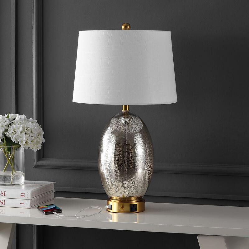 Reese 1-Outlet Contemporary Style Iron/Glass LED Table Lamp with USB Charging Port