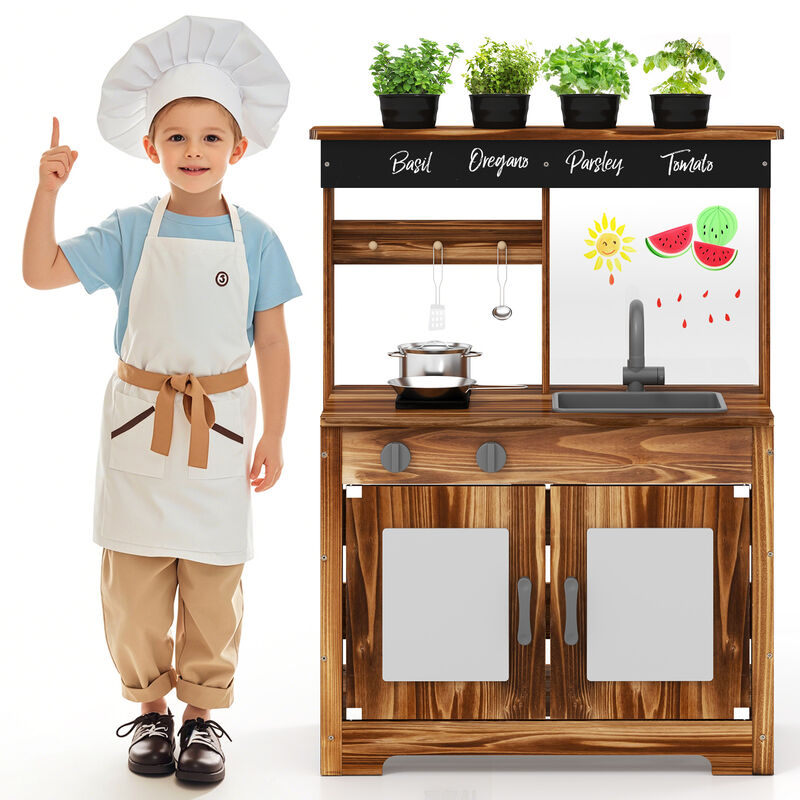 Fir Wood Mud Kitchen for Toddlers &ndash; Outdoor Play Kitchen with Water Tap, Sink & 4 Garden Pots