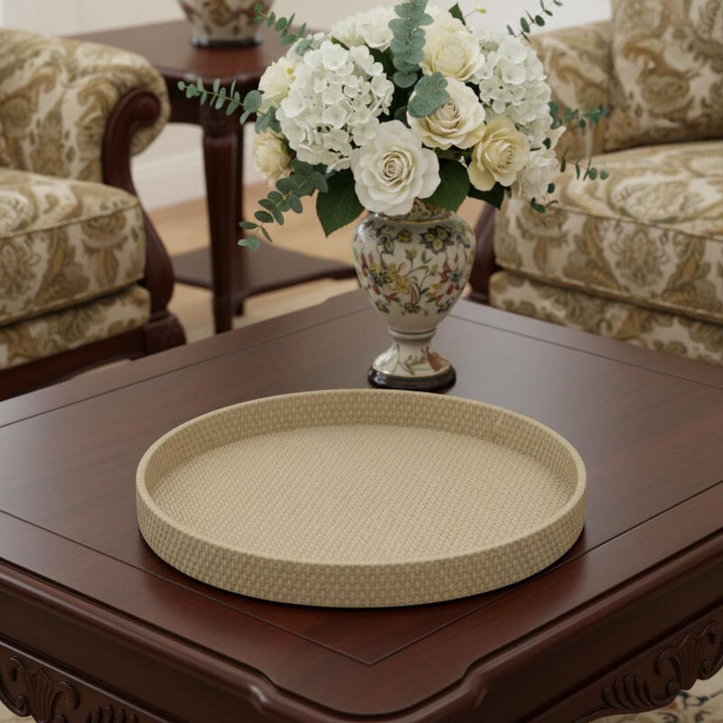 HomeRoots 15" Taupe Faux Wicker Round Serving Tray image number 1