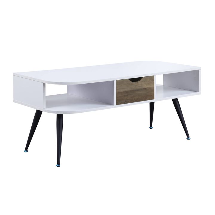 Homezia 44" Black And White Melamine Veneer And Metal Rectangular Coffee Table With Drawer And Shelf