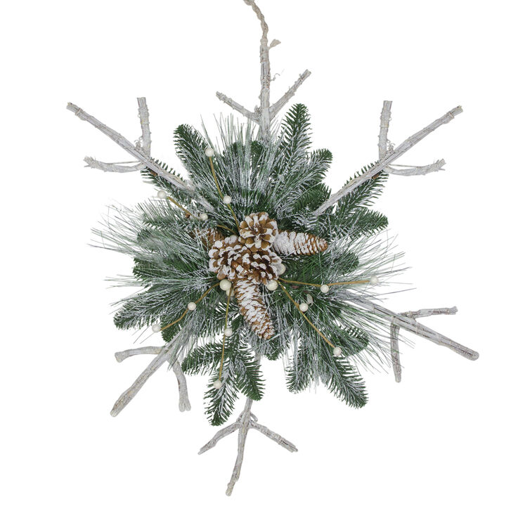 24" Green and Winter White Frosted Mixed Pine Twig Snowflake Christmas Ornament