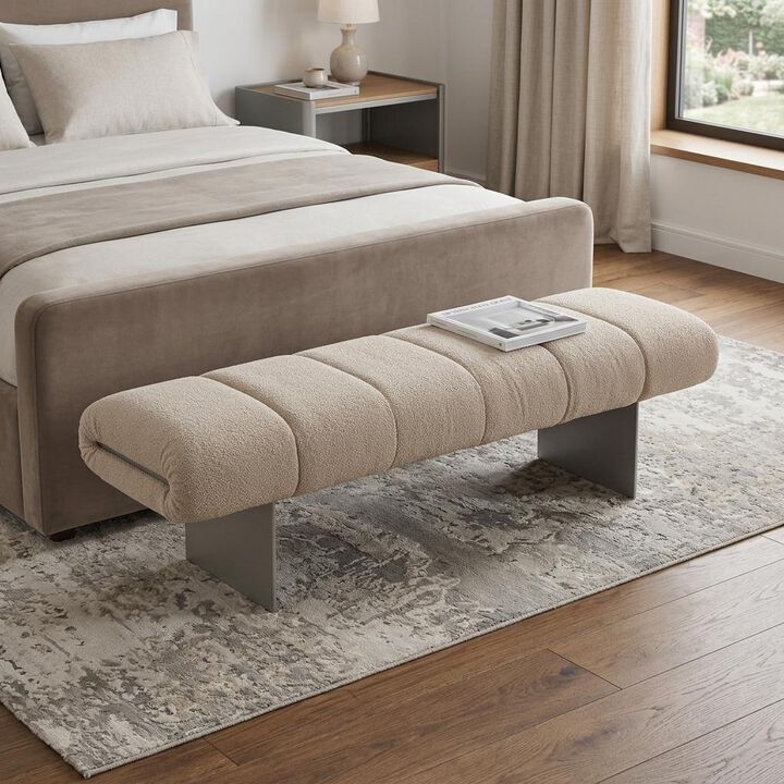 HomeRoots 63" Beige and Nickel Boucle and Steel Upholstered Bench