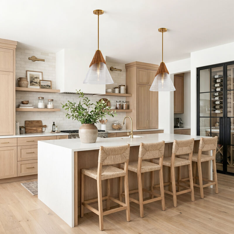 14" Bohemian Coastal Gold Handwoven Rattan Pendant Light with Clear Ribbed Cone Glass Shade for Bedroom, Living Room or Kitchen Island image number 2