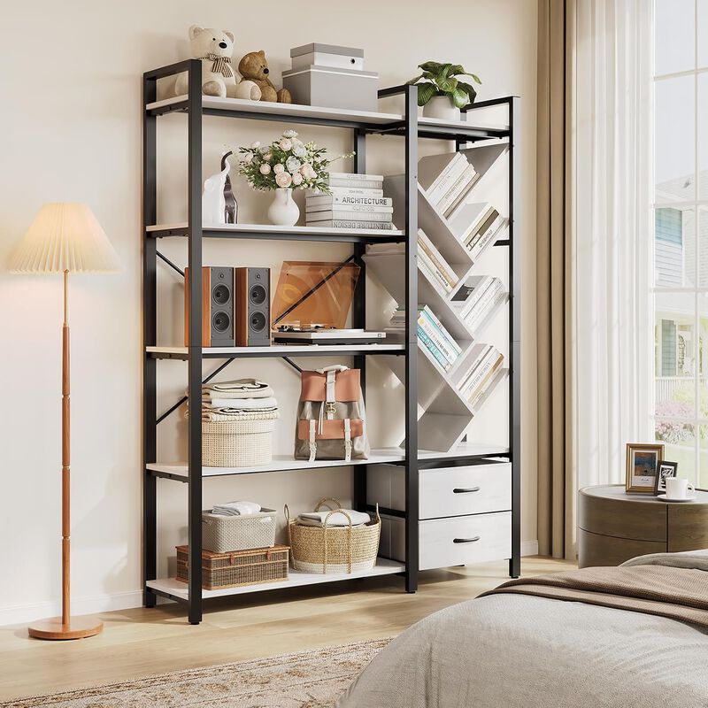 Bookshelf, 5 Tier Bookshelves with Tree Display Shelves, 65&rdquo; Tall Floor Standing Bookcase with 2 Drawers and 6 Adjustable Feet for Home, Office image number 7