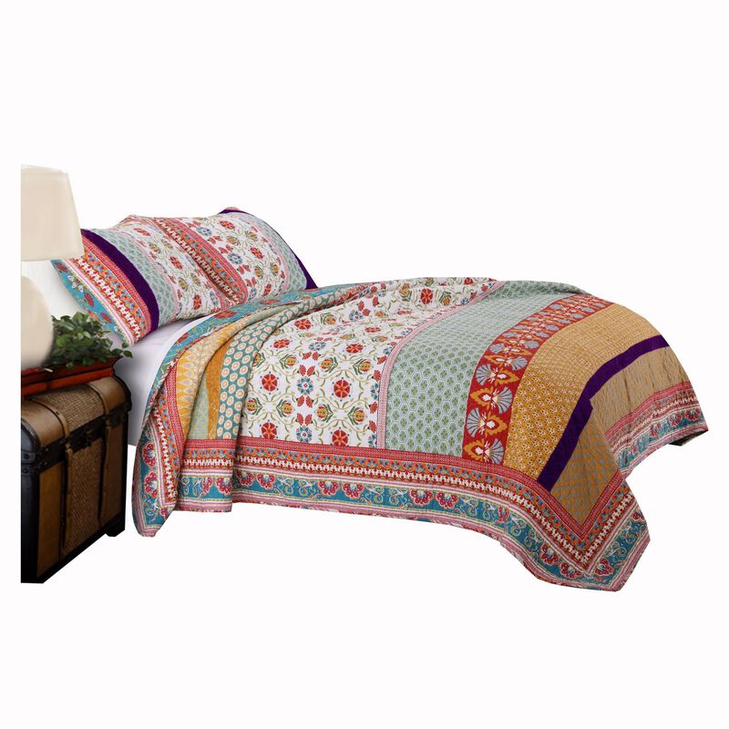 Geometric and Floral Print King Size Quilt Set with 2 Shams, Multicolor - Benzara