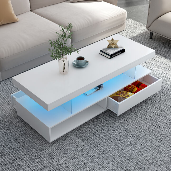 LED Coffee Table with Storage, Modern Center Table with 2 Drawers and Display Shelves, Accent Furniture with LED Lights for Living Room, White
