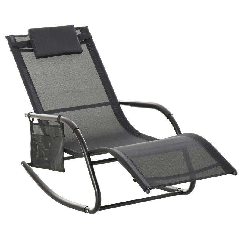 Black Outdoor Rocker: Patio Recliner Chair with Detachable Pillow