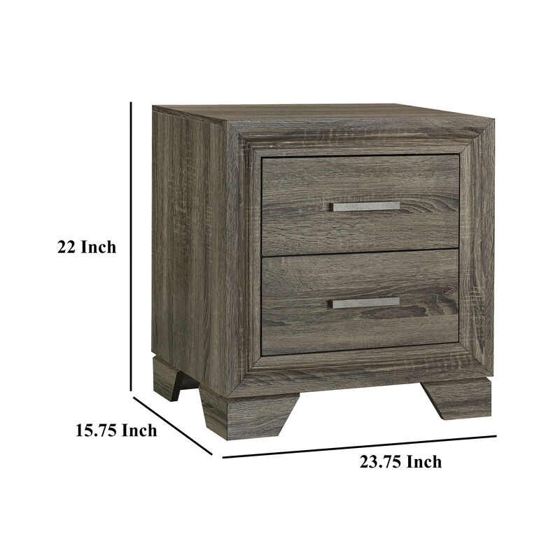 Reay Nightstand, Brown Oak Finish, 2 Drawers Silver Metal Bar Handles - Benzara